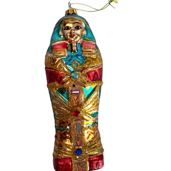 Blown Glass Mummy Sarcophagus Egyptian Ornament Intricately Designed W/Symbols - Picture 1 of 10